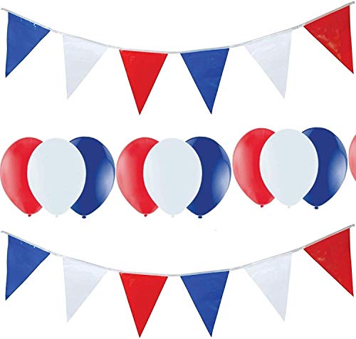 10m/33ft Red White and Blue Bunting Garland Union Jack Banner and 25pcs Latex Balloons Party Pack Decorations Sporting Events Pub Bbq Royal Theme French USA