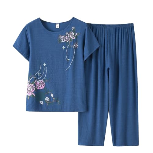 Image of FindThy Women's 2 Piece Linen Outfits Short Sleeve Floral Print Lounge Sets Crewneck Summer Suits