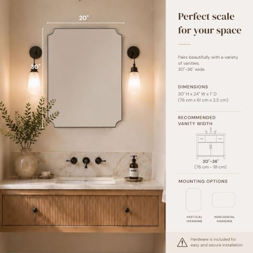 Image of TEHOME 24x30'' Black Vanity Mirror for Bathroom, Matt Black Scalloped Framed Bathroom Vanity Mirror