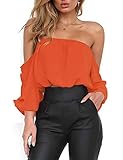 Haola Womens Off Shoulder Chiffon Blouse Sexy Long Sleeve Shirt Loose Strapless Tops Solid Casual T Shirts Orange M