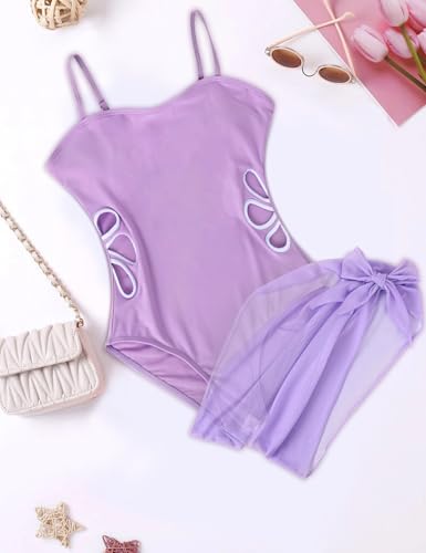 Arssm Girls One Piece Swimsuits Cut Out Bathing Suit with Cover Up Skirt Swimwear 8-14Y(Purple-14Y)4