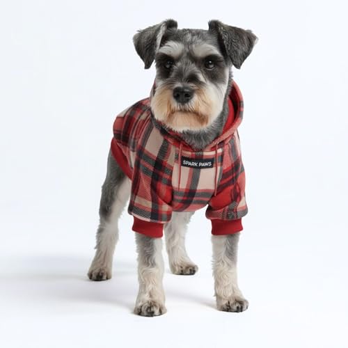 Image of Spark Paws Dog Hoodie - Premium Dog Sweater for Small, Medium, and Large Dogs | Warm Outfits for French Bulldogs, Pitbull, Puppy, Winter Jacket Alternative - Red Plaid, M