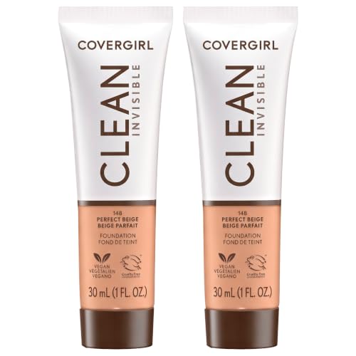 COVERGIRL Clean Invisible Foundation Makeup, Dewy &amp; Glowy Natural Finish, Buildable Coverage, Skin-Like Smooth Look, Vegan, Perfect Beige, 1oz (Pack of 2)