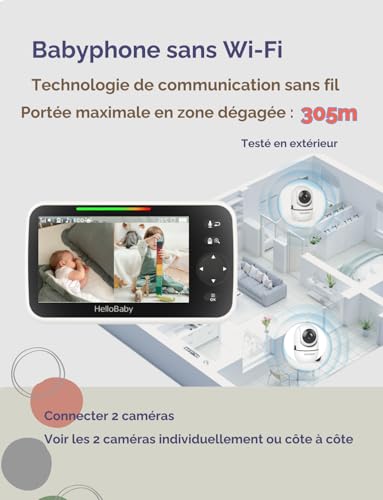 HelloBaby Babyphone mit 2 Kameras, Kein WLAN, 5\ Geteilter Bildschirm, Kabelgebundene Kamera, 355°/120° Schwenken-Neige Babyphone, ECO, 2 Wege Audio, Nachtsicht, 3500 mAh Akku, 8 Schlaflieder