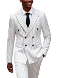 UNINUKOO Mens 2 Piece Pinstripe Suit for Men Double Breasted Tuxedo Business Wedding Dinner Party Jacket Pants Suit Set US Size XXL White