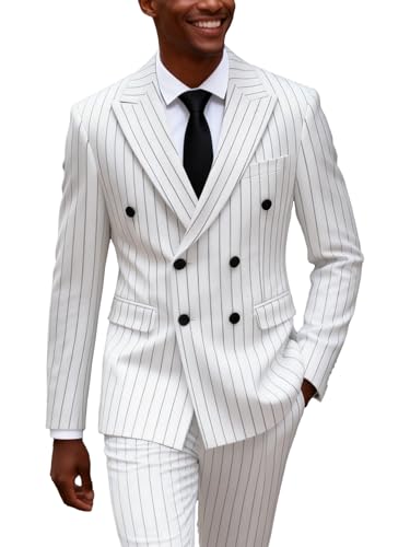 UNINUKOO Mens 2 Piece Pinstripe Suit for Men Double Breasted Tuxedo Business Wedding Dinner Party Jacket Pants Suit Set US Size XXS White