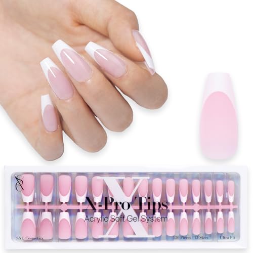 SXC Cosmetics French Tip Press On Nails 150 Pieces in 15 Sizes Ultra Fit with Pre-applied Tip Primer and Base Coat, No Need to File Fake Nails for Nail Art DIY X-Pro Tips (P120-M Coffin)