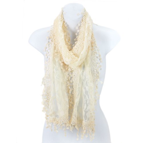 AN Elegant Fashion Leafy Lace Scarf Womens With Tassels Solid Color Cream (S2149-IV)