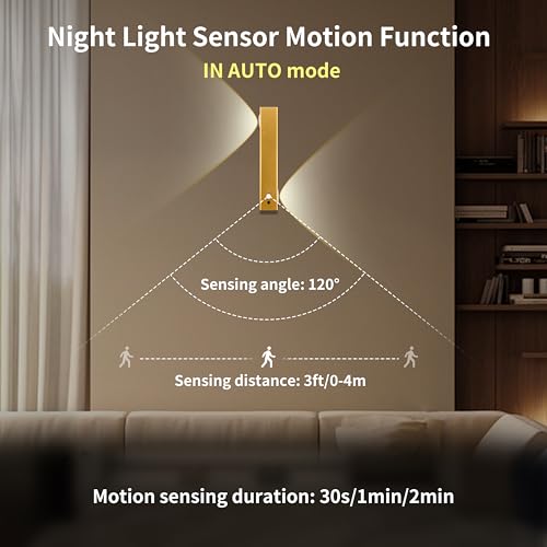 Image of Motion Sensor LED Night Lights, 2500 mAh Rechargeable Battery Operated Indoor Wall Light Without Power Connection with Switch, Wireless Wall Lighting Battery for Cabinet Bedroom Stairs (Gold)