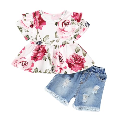 Mikrdoo Baby Girl Clothes Toddler Outfits Ruffle Sleeve Shirts Floral Top Ripped Denim Shorts 3 6M