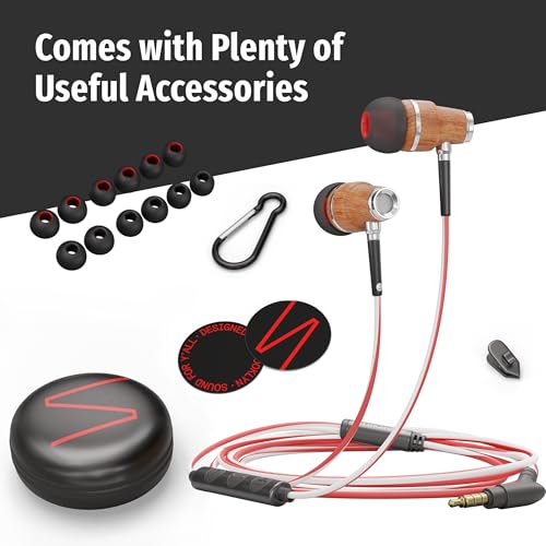 Image of Symphonized NRG 3.0 Premium Wood In-ear Noise-isolating Headphones|Earbuds|Earphones with Mic & Volume Control (Crimson Red & Hazy Gray)