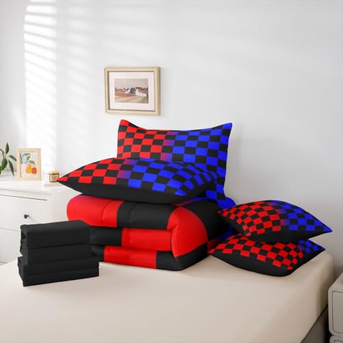 Image of Checkered Comforter Set With Sheets 7 Piece King Size Red Blue Plaid Bed in a Bag Kids Boys Girls Cute Retro Neutral Checkerboard Geometric Bedding Set Vintage Aesthetic Bedroom Decor Breathable Soft