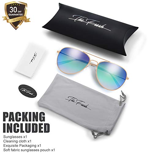 Image of The Fresh Classic Aviator Sunglasses for Men Women, Metal Frame Mirror Lens, Pilot Style, Includes Cleaning Cloth, Pouch