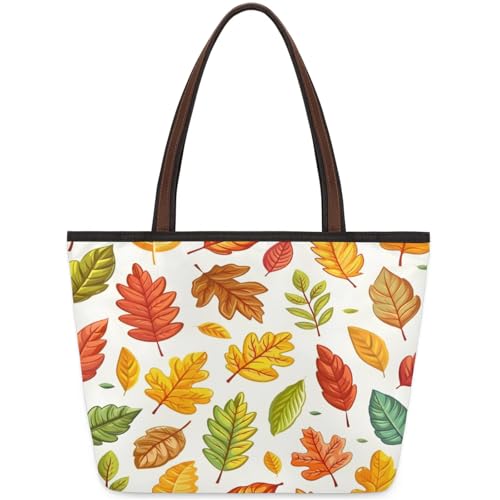 Colourful Leaf Tote Bag Multi Pocket Zippered Beach Bag Lightweight Waterproof Handbag for Women Men Work Gym Travel Swimming Yoga Grocery Shopping L
