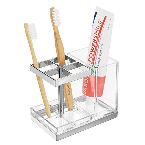 Mdesign Plastic Toothbrush And Toothpaste Storage Organizer Holder - Home Decor For Bathroom Countertop - Holds Toiletries And Beauty Accessories - Lumiere Collection - Clear/Chrome #TOP2