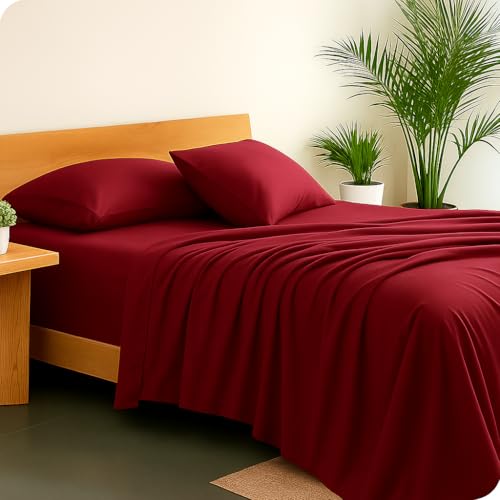 Image of Premium Cotton Bedsheets - King Size 102x108 Inches, Burgundy | Lightweight, Super Soft & Wrinkle-Free | Includes 2 Pillow Covers