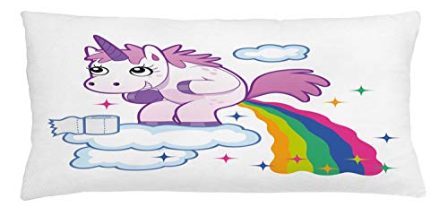 Lunarable Funny Throw Pillow Cushion Cover, Unicorn Pooping Rainbow Over Clouds Creative Girls Fantasy Cartoon, Decorative Square Accent Pillow Case, 36