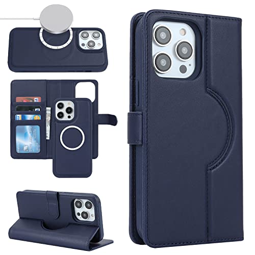 Cavor iPhone 15 Pro Max Case, Magsafe Compatible Flip Leather Wallet Case with Card Holders, Detachable 2 in 1, Magnetic Closure, Blue