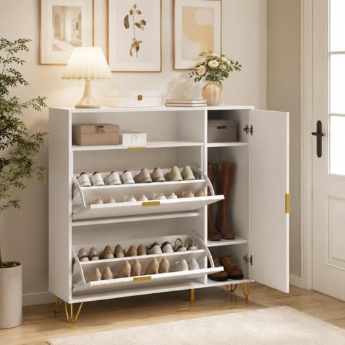 HYNHXBP Meuble à Chaussures Slim 80x24cm - Armoire à Chaussures Blanche avec 3 Tiroirs Rabattables, Panneaux Rainurés et Pieds Dorés - Rangement Chaussures Moderne pour Entrée et Couloir