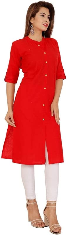 Image of Women's Cotton Mandarian Collar Neck Casual Regular Fit Side Slit Kurti