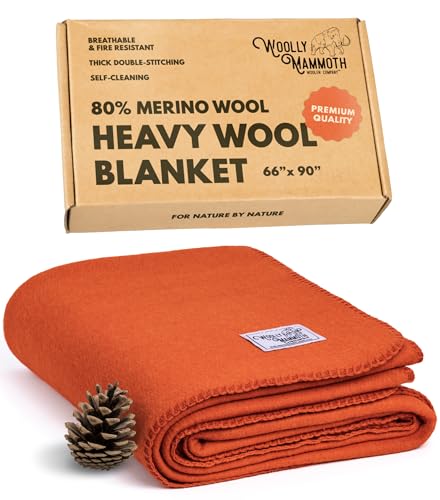 Wolly Mammoth 80% Wolle Decke - Sofa Kuscheldecke 167 x 230 cm Dicke Wärmedecke, Flauschige Wohndecke, Militärdecke, Wolldecke, Wärmende, Schwere Couchdecke, Draußen, Camping Rettungsdecke, Orange