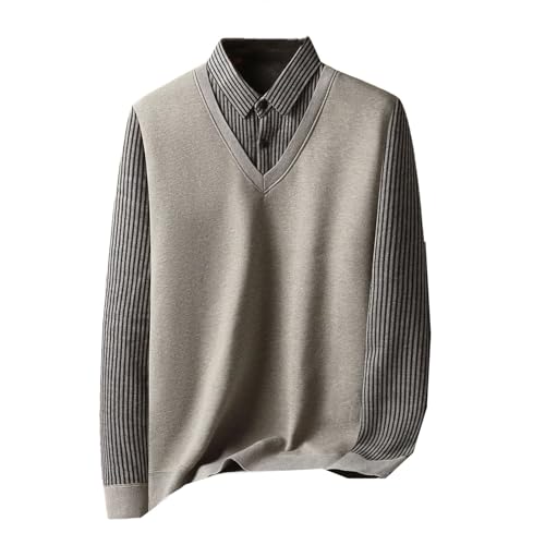 Men Knitted Fake Two Pieces Sweater Striped Lapel Button Spliced Lattice Business Casual Pullovers