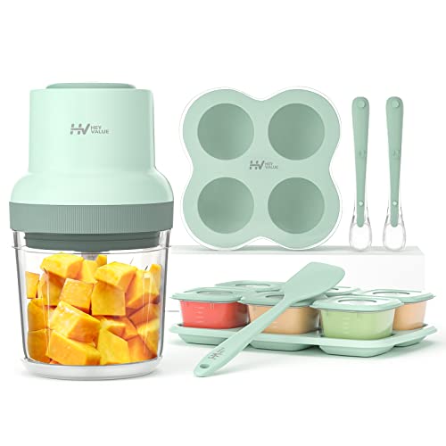 Image of Baby Food Maker, HEYVALUE 13-in-1 Baby Food Processor Set for Fruit, Vegatable, Meat, Baby Food Blender with Baby Food Containers, Baby Food Freezer Tray, Baby Spoons, Silicone Spatula(Light Green)