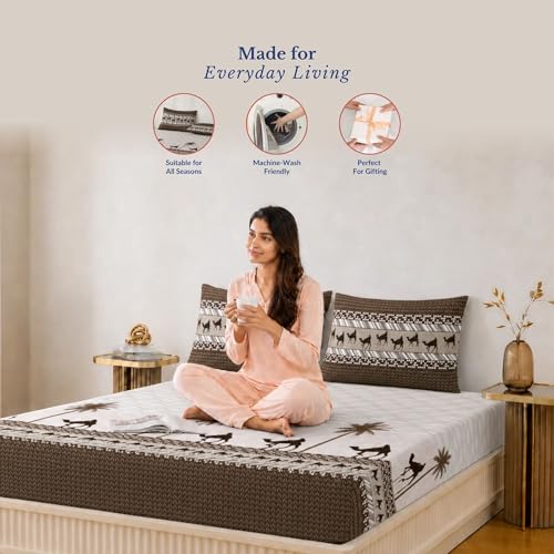 Image of Jaipur Weaves Bedsheet King Size 100% Pure Cotton Bed Sheet with 2 Pillow Covers, 300 TC Premium Bedding Set, 72x78 inches, Soft Breathable Camel Design Bedding (Olive Desert, Super King Fitted)