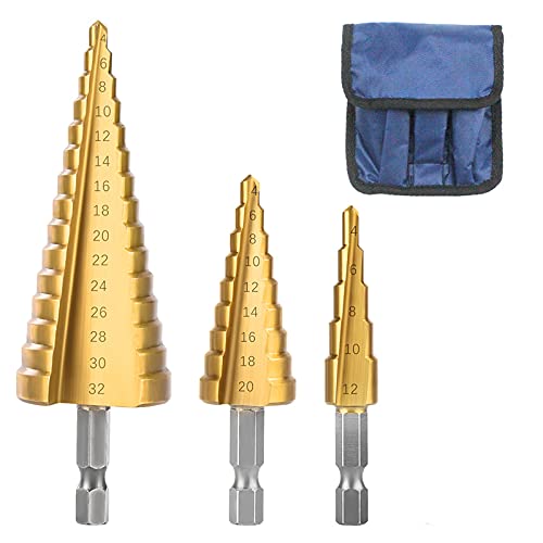 NACHEE 3Pcs Titanium Coated Step Drill Bit Set, HSS Cone Drill Bit with 1 4  Hex Shank Drive Quick Change （Metric 4-12 mm 4-20 mm 4-32 mm）for DIY Woodworking, Metal, Plastic Wood