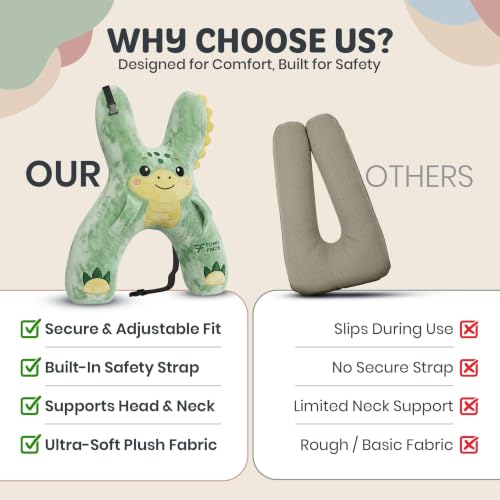 Image of Kids Car Sleeping Pillow, H-Shaped for Neck & Back Support, Dino Green