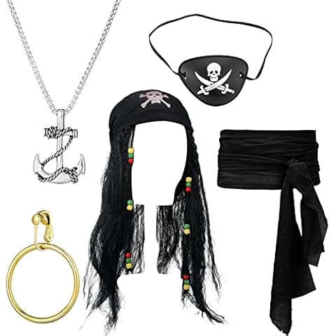 5 Pcs Captain Pirate Costume Accessories Set Pirate Skull Eye Patch Black Sash Earring Necklace Cosplay Costume Long Hair Wig with Headscarf for Halloween, Black, One size Cover