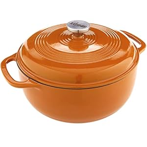 Lodge 6 Quart Enameled Cast Iron Dutch Oven with Lid – Dual Handles – Oven Safe up to 500° F or on Stovetop – Use to Marinate, Cook, Bake, Refrigerate and Serve – Apricot