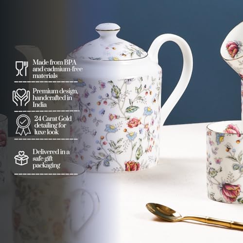 Image of GOLDEN QUEEN'S Handcrafted Tea Cups & Kettle - Set of 6 Cups & 1 Kettle | Ideal for Everyday Tea and Coffee, Hosting Friends & Family - Pink Shrub