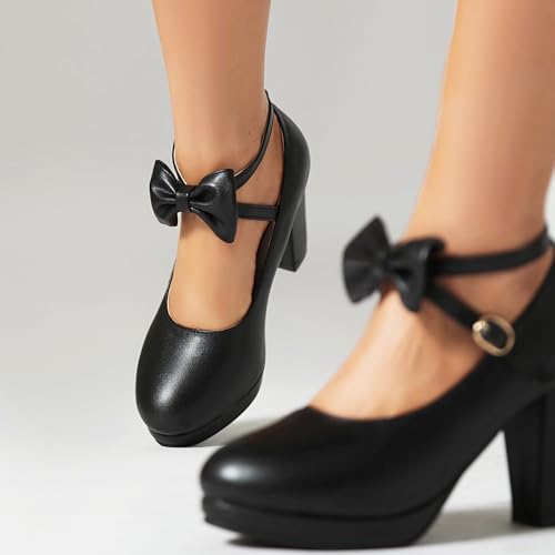 Image of ForeMode Fashion Women T-Strap High Heels Bow Platform Round Toe Pumps Leather Summer Sweet Shoes