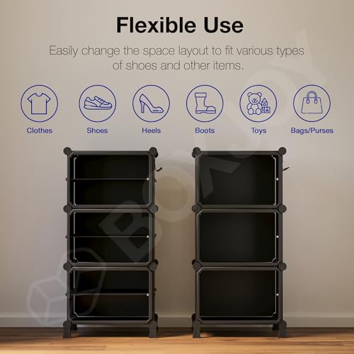 Image of BOXJOY 6 Shelf Black Shoe Rack for Home with 3 Brown Doors, Hard PET Plastic with Metal Door Frame, Shoe Chappal Slipper Sandals Stand