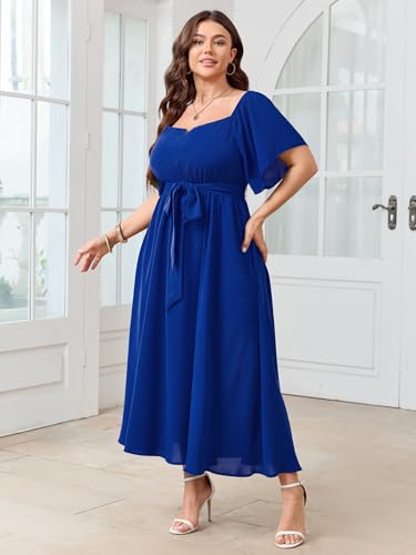 Image of SCOMCHIC Womens Plus Size Formal Dresses Off The Shoulder Wedding Guest Cocktail A-Line Split Maxi Dress with Pockets