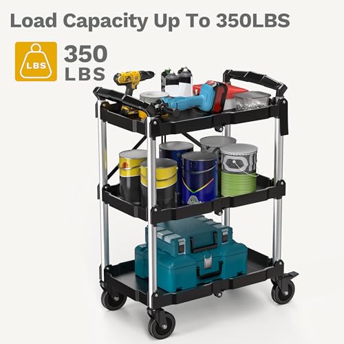 Image of DWVO 3-Tier Foldable Service Cart with Swivel Wheels & Brake, 350LBS | Folding Utility Cart Heavy Duty Collapsible Rolling Cart, 350LBS Portable Utility Cart for Kitchen, Warehouse, Garage
