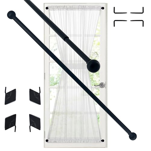 Sash Curtain Rod for French Doors Kitchen Curtain & Small Window 3/8 Inch Diameter Adjustable 16-28 2 Pack Black
