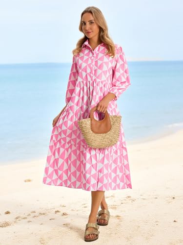 Image of Wenrine Womens Casual 3 /4 Sleeve Shirt Dress Button Down V Neck Tiered Collared Flowy Maxi Dress
