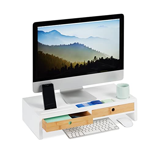 Relaxdays Support moniteur, 2 tiroirs, Rehaussement PC pour bureau; Bambou et MDF HLP: 12 x 55,5 x 27 cm, blanc/nature