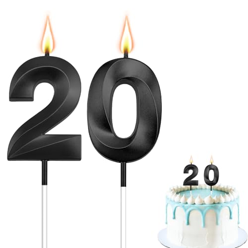 20th Birthday Candles, Black Number 20 Candles, Happy Birthday Candle for Cake, 3D Designed Number Cake Toppers Decorations for Boys Girls 20th 20 Year Old Birthday Party Favor Celebrations