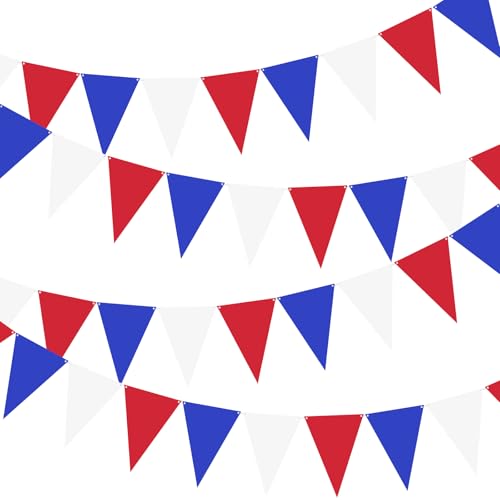 3 pcs Red White And Royal Blue Triangle Bunting 9 M/36 Pcs Garland Union Jack Banner American 4th July Party Decorations for Hanging Patriotic National Day Commemoration Veterans Tribute D-Day