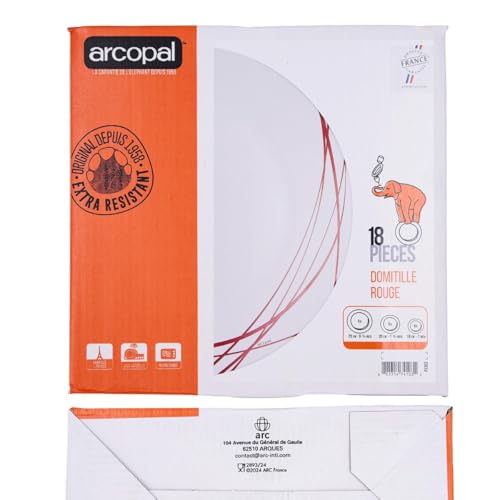 Arcopal Domitille Rojo Vajilla de vidrio opal extra resistente para 6 personas, Sin BPA, Hecha en Francia, Multicolor, 18 Piezas