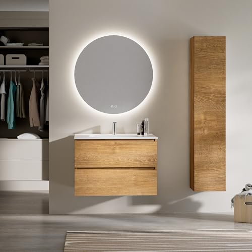 Feel Your Bath Mueble de Baño PANTER 80 cm Marrón Madera, Encimera Cerámica con Lavabo y Espejo Redondo LED Antivaho, 2 Cajones Soft Close, Diseño Suspendido, Buen Almacenaje, Acabado Moderno