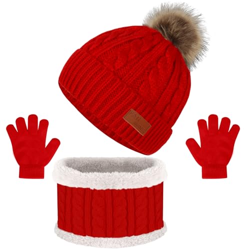 Image of Kids Hat Scarf Gloves Set, Kids Winter Beanie Hat Scarf Gloves Set with Knit Thick Warm Fleece Lined for 1-6 Years Old