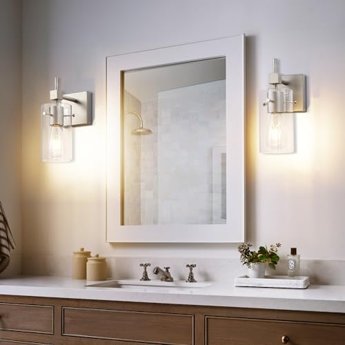 Image of SOLFART 1 Light Vintage Vanity Light Brushed Nickel Bathroom Light Fixture Over Mirror for Bath Glass Shade Wall Light Modern Light Fixture