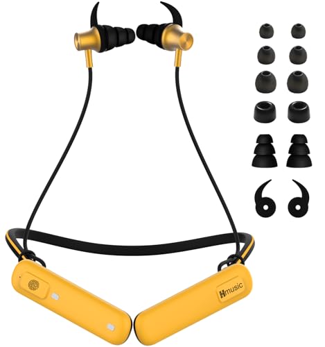 Hmusic H23 Nackenbügel Bluetooth Kopfhörer, 80 Std., IP67 wasserdicht, 30 dB Rauschminderung, Gehörschutz kabellose Kopfhörer mit ENC-Mikrofon, Im-Ohr Ohrstöpsel für Rasenmähen/Baustelle/Outdoor Gelb