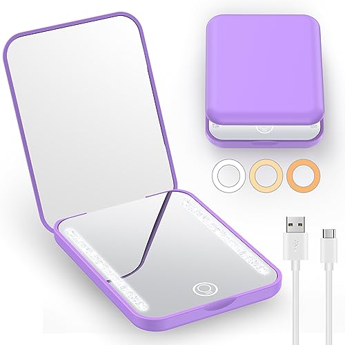 Gospire Mini Rechargeable Travel Makeup Mirror With Lights And Magnification 1X / 3X, Led Compact Mirror With 3 Light Colors & Adjustable Brightness, Small Vanity Mirror Handheld For Purses – Purple #TOP25