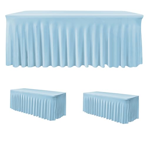 Image of HolidayIdeas Floor Length 8ft Spandex Tablecloth 2 Pack Fitted Stretch Table Skirts 30x96 Inch, Ruffle Design Wrinkle-Free Polyester Table Cover for Weddings Parties Banquets Events,Baby Blue, 2 Pcs