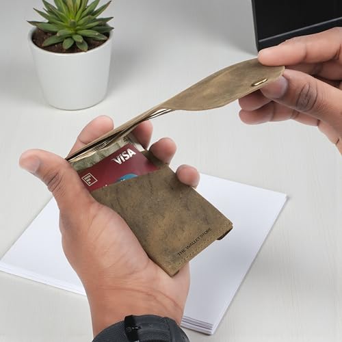 Image of The Wallet Store Flip Genuine Leather Vertical Slim Wallet for Men | Pull-String Quick Card Access | Compact Front Cash Pocket & Button Lock | Minimalist Travel & Daily Carry Wallet (Green)